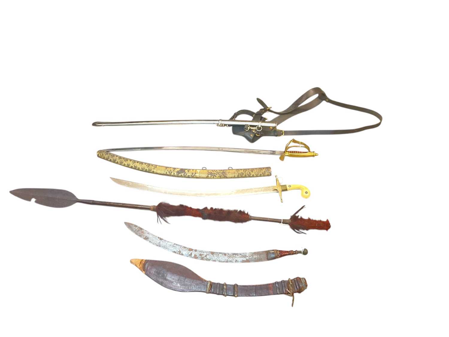 Lot 891 - Old African sword, similar spear, reproduction Indian cavalry sword and another Indian sword (4).