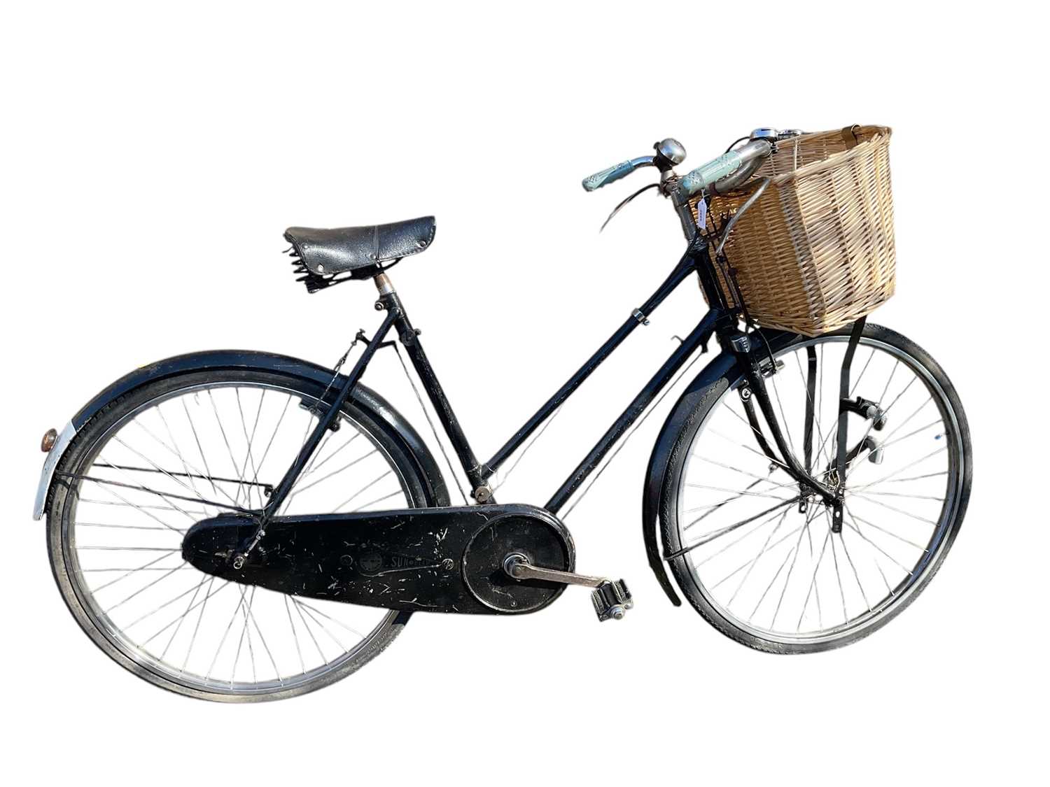 Lot 2689 - Vintage Sunbeam bicycle in black painted finish with white wartime black out type paint to rear mudguard and wicker shopping basket.