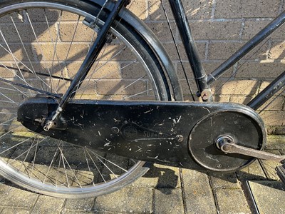 Lot 2689 - Vintage Sunbeam bicycle in black painted finish with white wartime black out type paint to rear mudguard and wicker shopping basket.