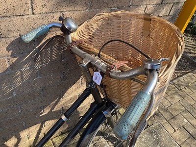 Lot 2689 - Vintage Sunbeam bicycle in black painted finish with white wartime black out type paint to rear mudguard and wicker shopping basket.