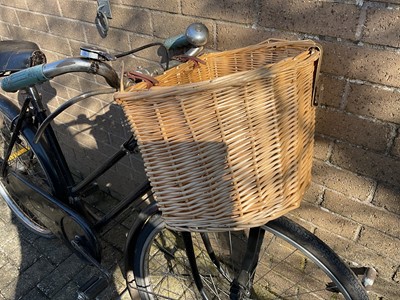 Lot 2689 - Vintage Sunbeam bicycle in black painted finish with white wartime black out type paint to rear mudguard and wicker shopping basket.