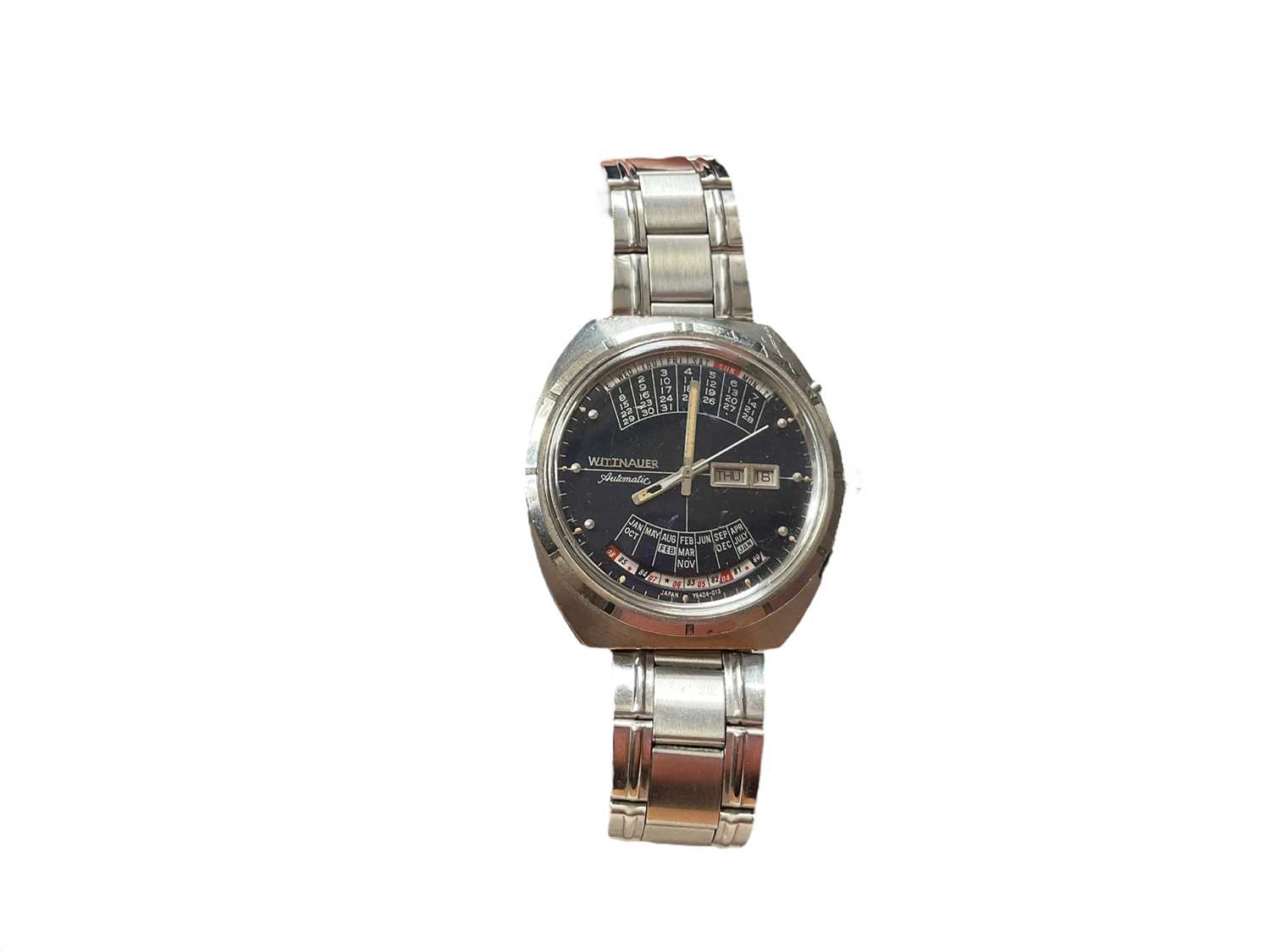 Lot 215 - Gentlemen's Wittnauer 2000 wristwatch in a stainless steel case with a blue dial and a day and date aperture at 3 o'clock, automatic movement, aftermarket strap.
