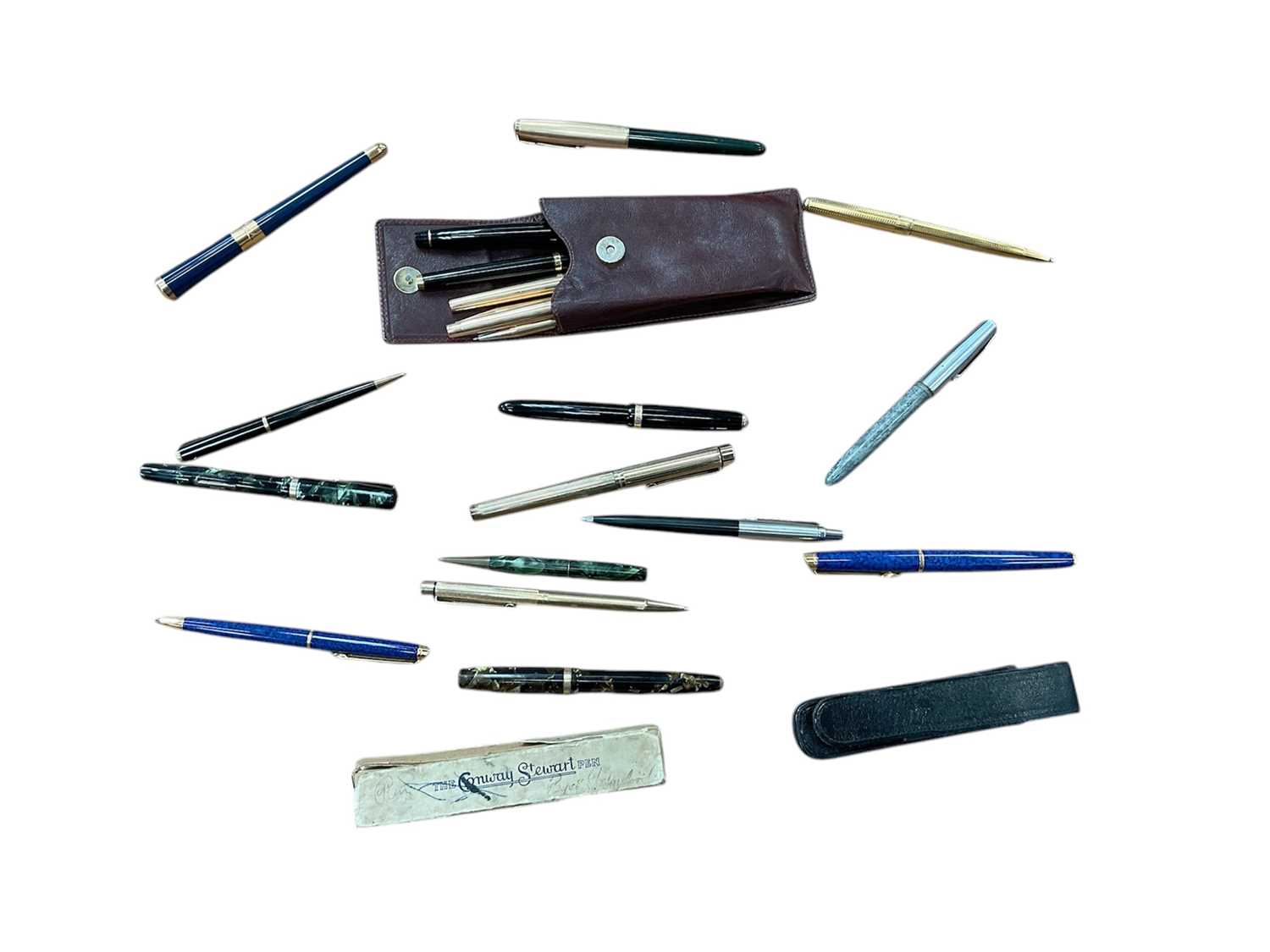 Lot 2745 - Good group of pens, including a DuPont ballpoint pen, fountain pens by Waterman, Swan, Conway Stewart, Sheaffer, Parker and Cross, together with a De La Rue pencil