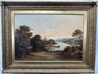 Lot 1349 - English School, 19th century, oil on canvas - River Landscape, a Cathedral beyond, initialled WJW, 47cm x 66cm, in gilt frame