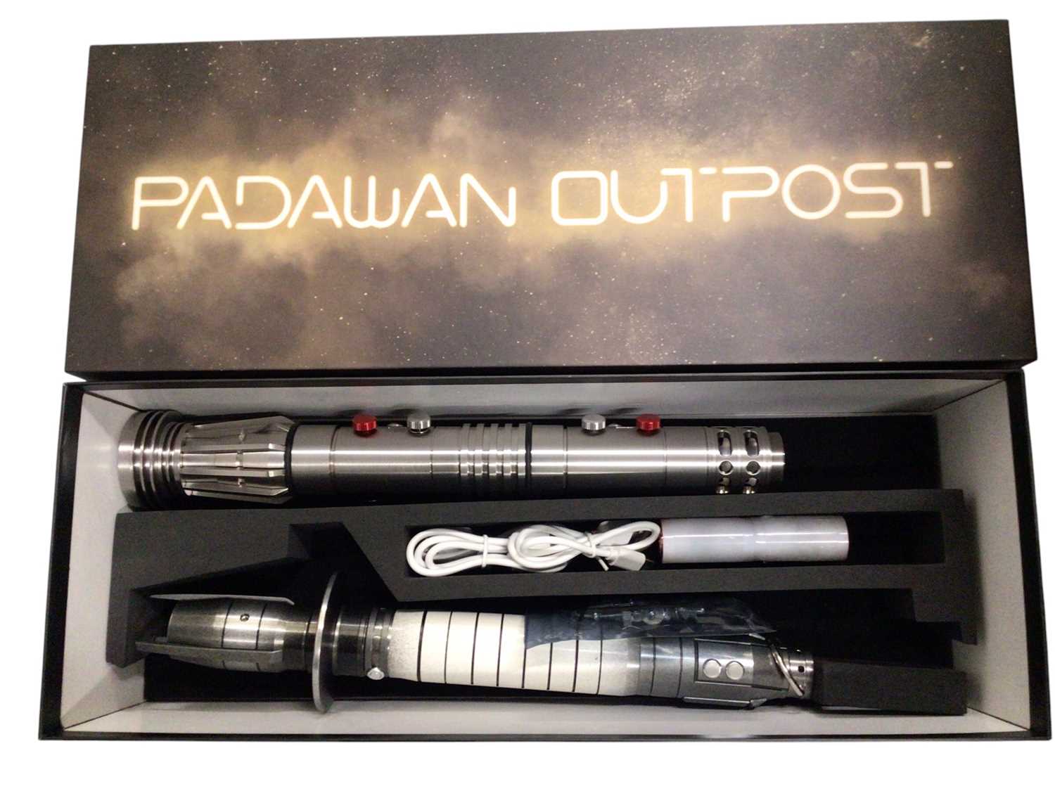 Lot 37 - Padawan Outpost Maul-Tress-Clone Wars & Shain Hati-Ahsoka and Ezra Bridger-Season 1 Blaster Rebels lightsaber hilts, boxed (2)