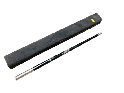 Lot 664 - Military interest- black lacquer presentation swagger stick with dragon decoration and applied mounts engraved 'R.Q.M.S. Hughes J.A. Korea 67' in velvet case, stick 55.5cm in length.