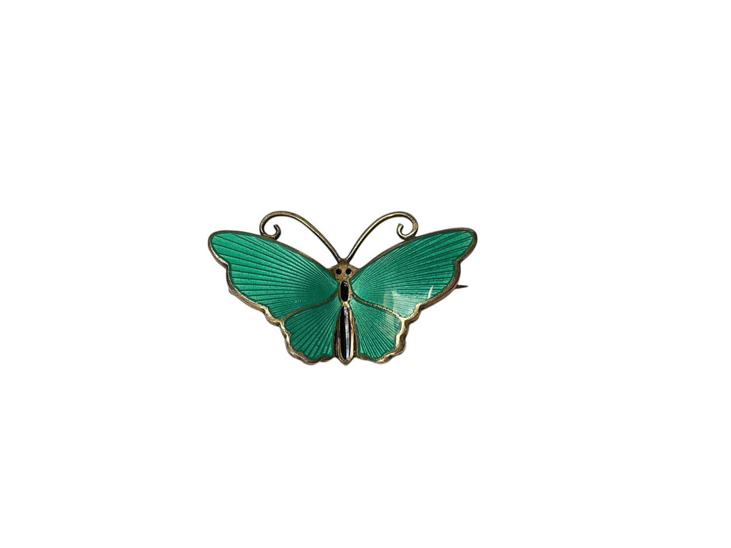 Lot 15 - David Andersen Norwegian sterling silver green and black enamel butterfly brooch, 31mm