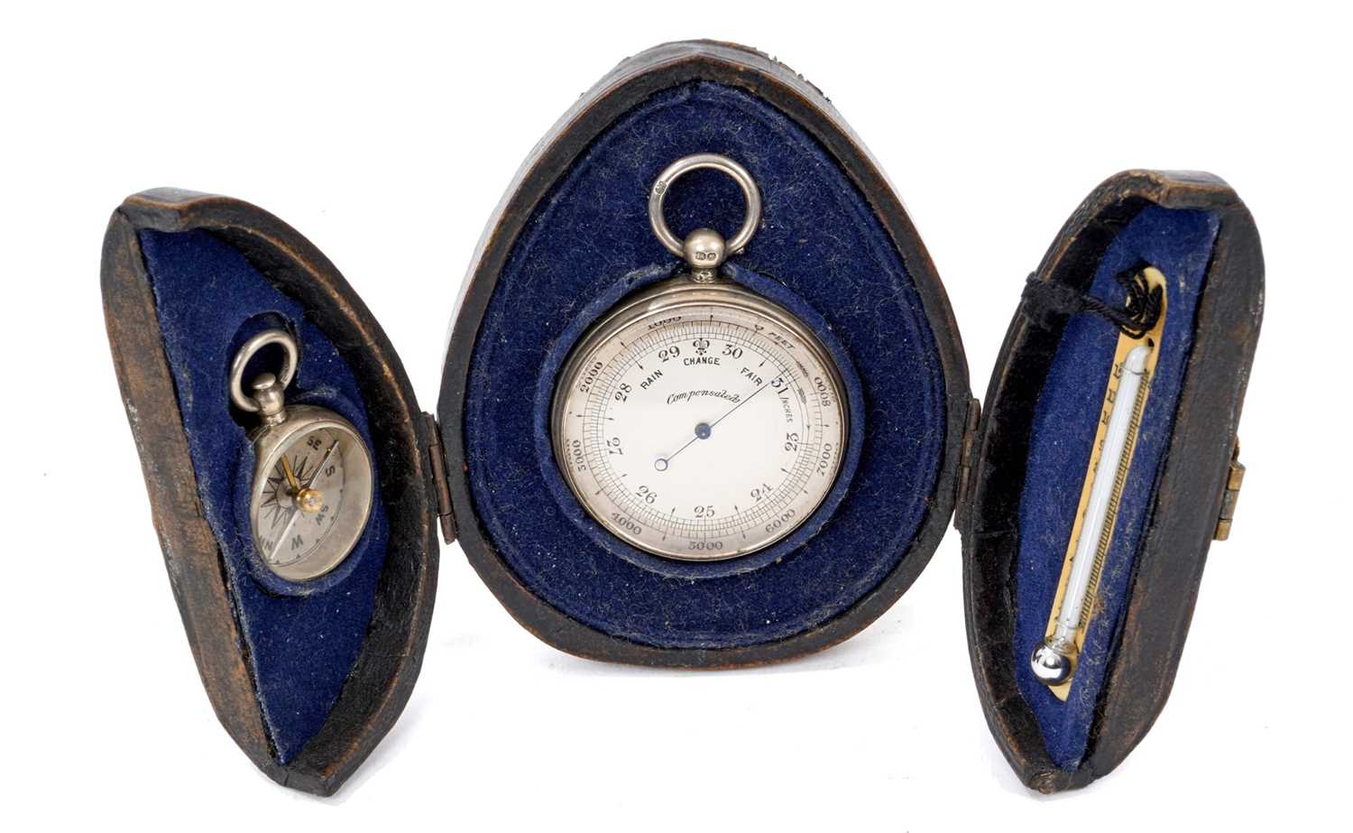 Lot 740 - Good quality Late Victorian silver pocket barometer, matching pocket compass and thermometer in original fitted leather case, London 1895.