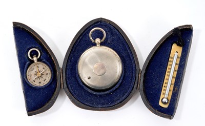 Lot 740 - Good quality Late Victorian silver pocket barometer, matching pocket compass and thermometer in original fitted leather case, London 1895.