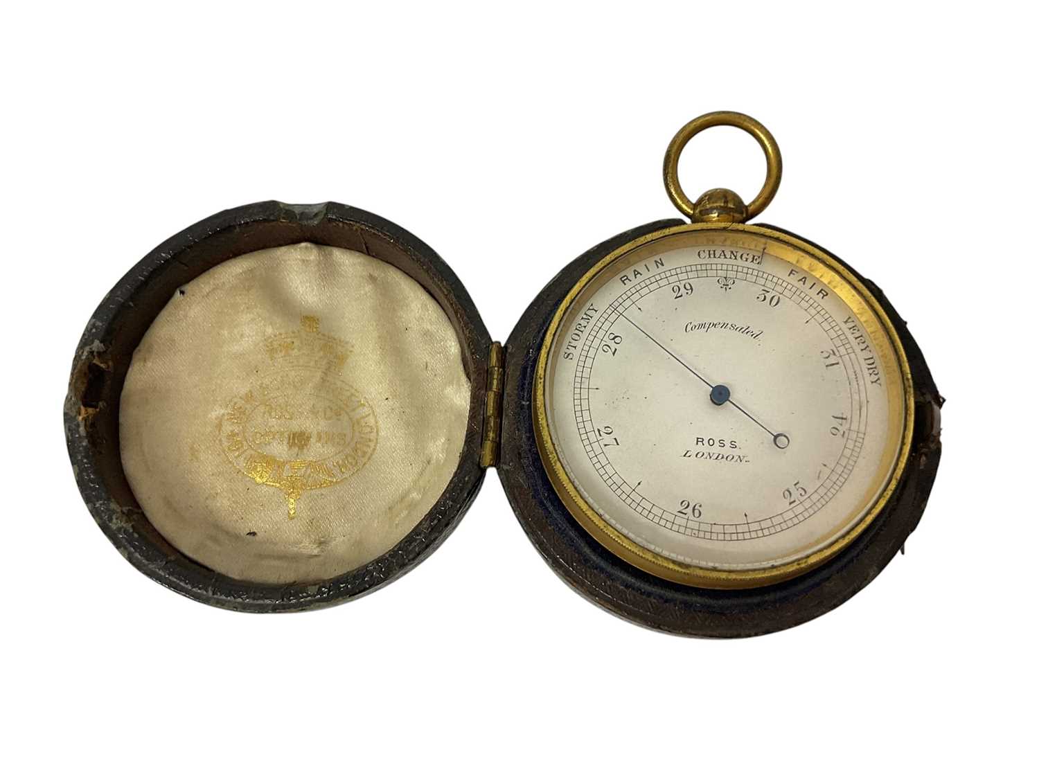 Lot 742 - Late Victorian pocket barometer by Ross, London in gilt brass circular case in original leather case