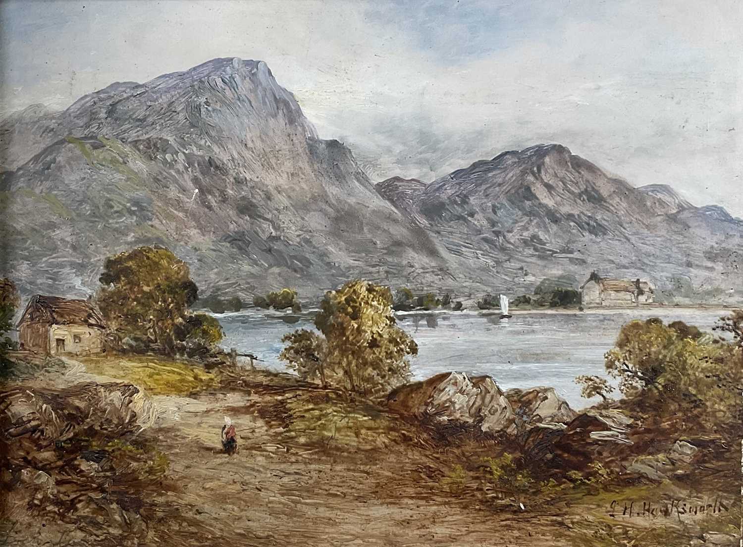 Lot 279 - John H. Hawkswork (1827-1908) pair of oils on board, mountainous lakeland scenes, one signed, in gilt frames. Each 22 x 29cm. (2)