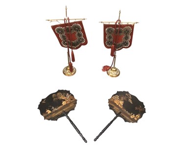 Lot 713 - Pair of Victorian chinoiserie lacquered face screens, two Victorian tea caddies, and sundries