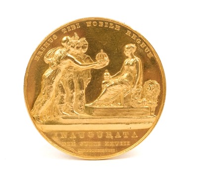 Lot 71 - H.M. Queen Victoria Coronation 1838 Gold Medal by B. Pistrucci, struck with bust of the Queen, 'Victoria D.G. Britanniarum Regina F.D.' and to the reverse Victoria on her throne being offered the...
