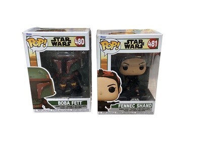 Lot 282 - Star Wars Funko Popos Boda Fett No.480 & Fennec Shand No.48 & The Child with Egg Cannister No.407, all boxed (3)