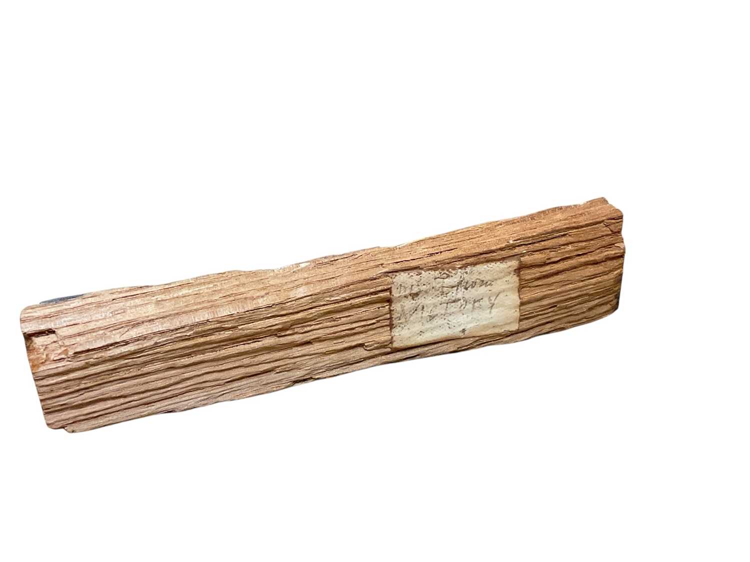 Lot 73 - H.M.S. Victory, piece of wood with old handwritten label ' Wood from Victory' 12.3cm long . Provenance : General Edward Buckley Wynyard C.B. ( 1788-1864) thence by family descent.