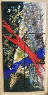 Lot 30 - Rita Moiret (1912-1994) enamel composition, abstract, comprised of 6 panels on board, signed, 107cm x 51cm, 122cm x 66cm overall