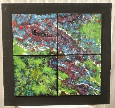 Lot 31 - Rita Moiret (1912-1994) enamel composition, abstract - 'Contemplation', comprised of 4 panels on board, signed with initials, titled verso, 66cm x71cm, 84cm x 89cm overall