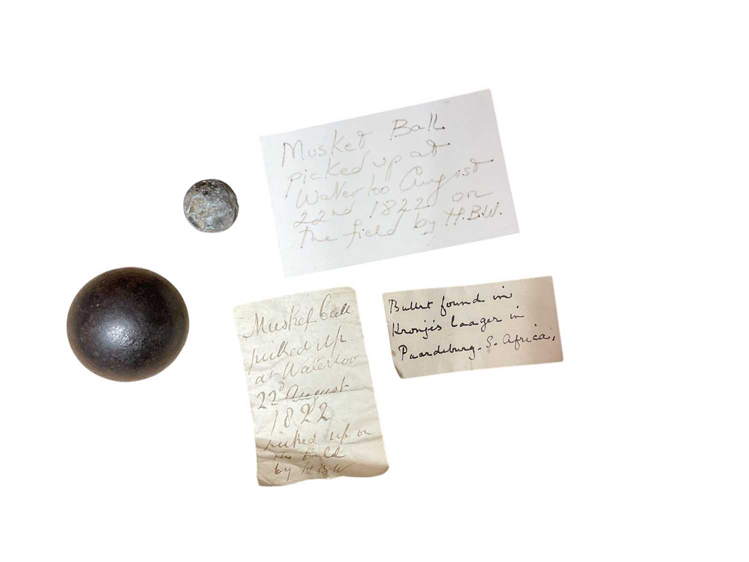 Lot 72 - Relic from the Battle of Waterloo, a lead musket ball with old handwritten note ' Musket ball picked up at Waterloo 22nd August 1822 picked up in the field by H B W' ( probably by Henry Buckley...