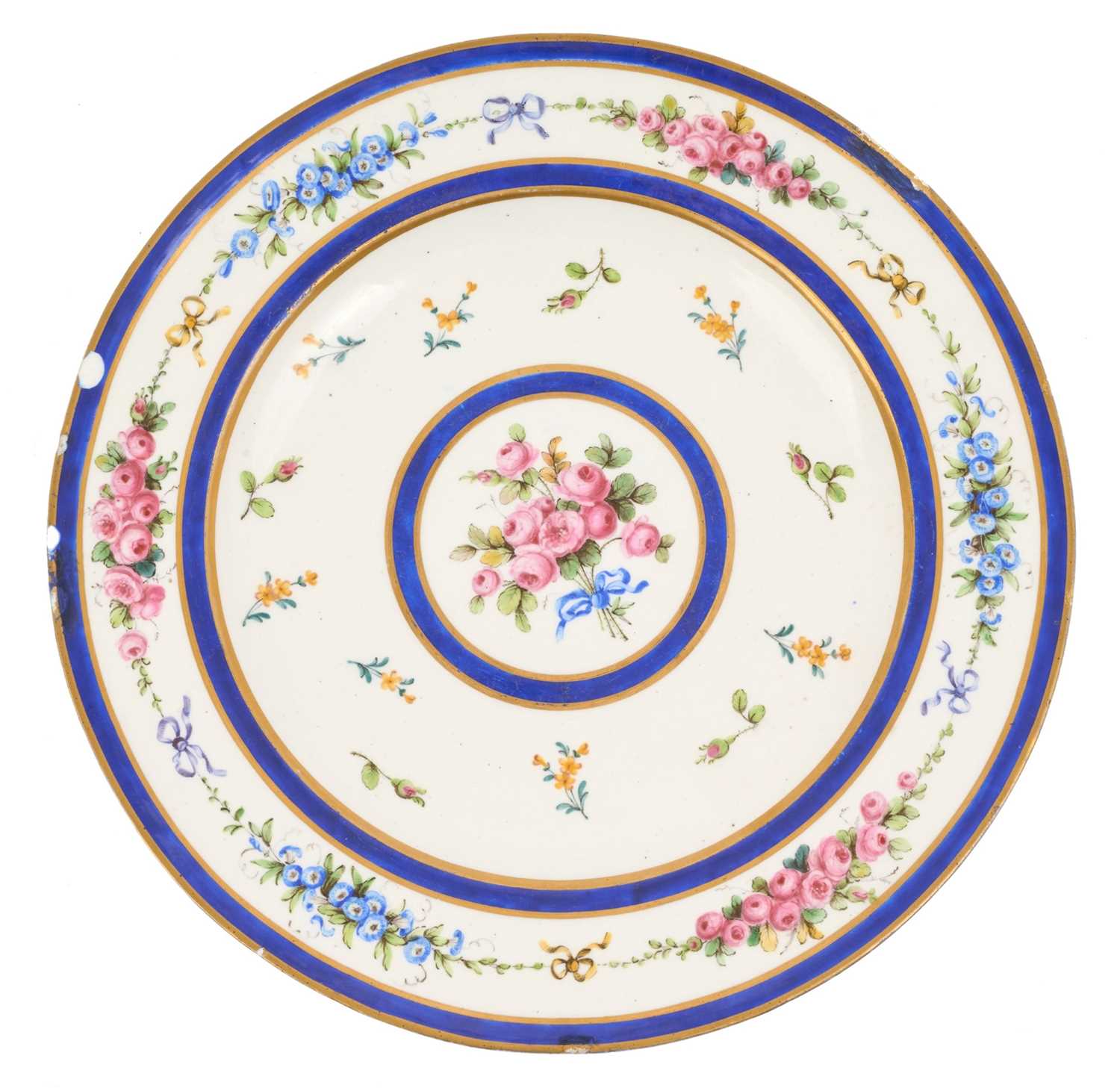 Lot 74 - Formerly the property of Napoleon Bonaparte whilst captive on St Helena, late 18th century Sevres porcelain plate with polychrome painted floral sprays within blue and gilt bands, blue painted m...