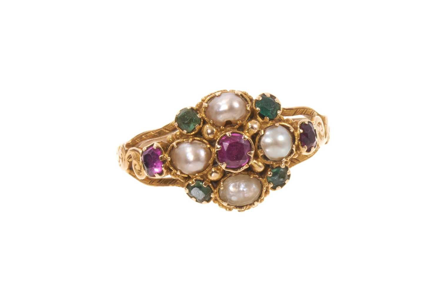 Lot 485 - Early Victorian ruby, emerald and pearl cluster ring in gold setting with pierced scroll shoulders on engraved gold shank, in a Victorian ring box. Ring size O.