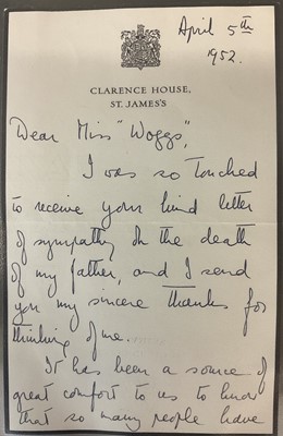 Lot 168 - H.M. Queen Elizabeth II - handwritten letter dated April 5th 1952 on Clarence House mourning notepaper with black Royal crest to Miss 'Woggs' - The Young Queen thanks Miss 'Woggs' for her letter o...
