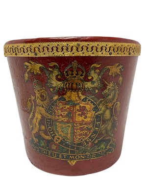 Lot 166 - Decorative red painted wastepaper bin with transferred Royal coat of arms and gilt metal collar 27cm high