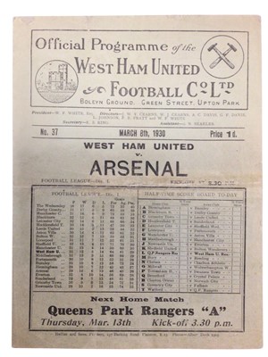 Lot 1 - West Ham v Arsenal March 8th 1930 Football League Division I