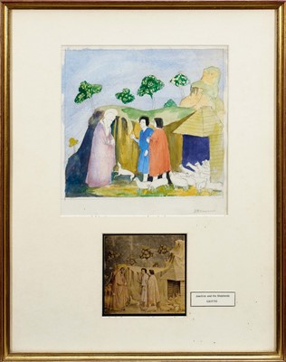 Lot 771 - D. H. Lawrence (1885-1930) pencil and watercolour sketch after Giotto, 'Joachim and the Shepherds', signed, framed as one with a printed example of the original work Provenance: The colle...