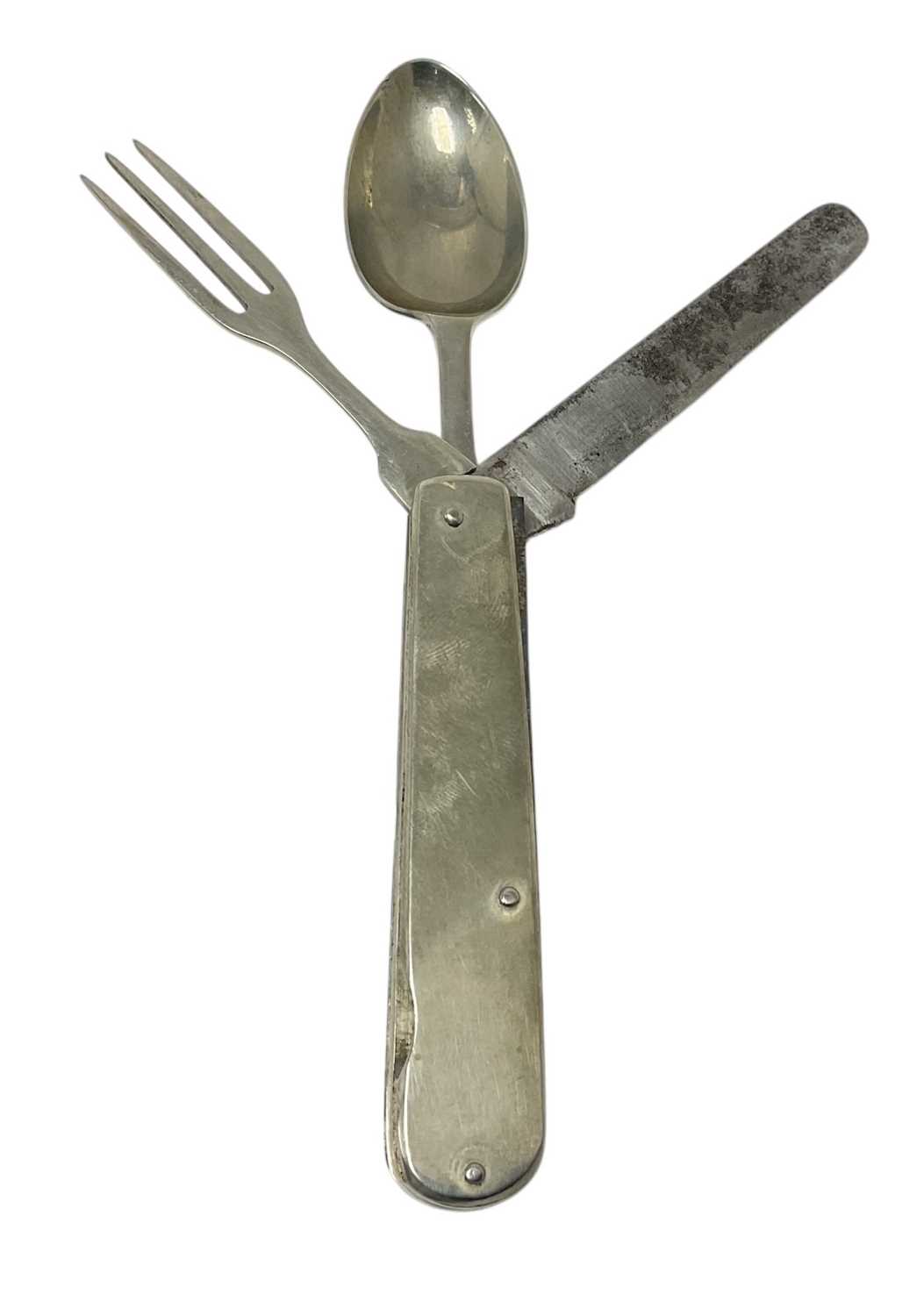 Lot 140 - 19th century Officer's private purchase folding campaign cutlery set by Mappin & Webb, Sheffield, in a leather case, approximately 10cm in overall length (folded).