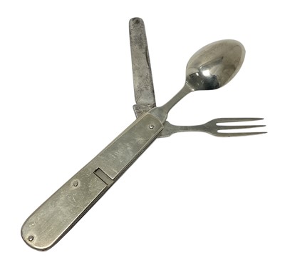 Lot 140 - 19th century Officer's private purchase folding campaign cutlery set by Mappin & Webb, Sheffield, in a leather case, approximately 10cm in overall length (folded).