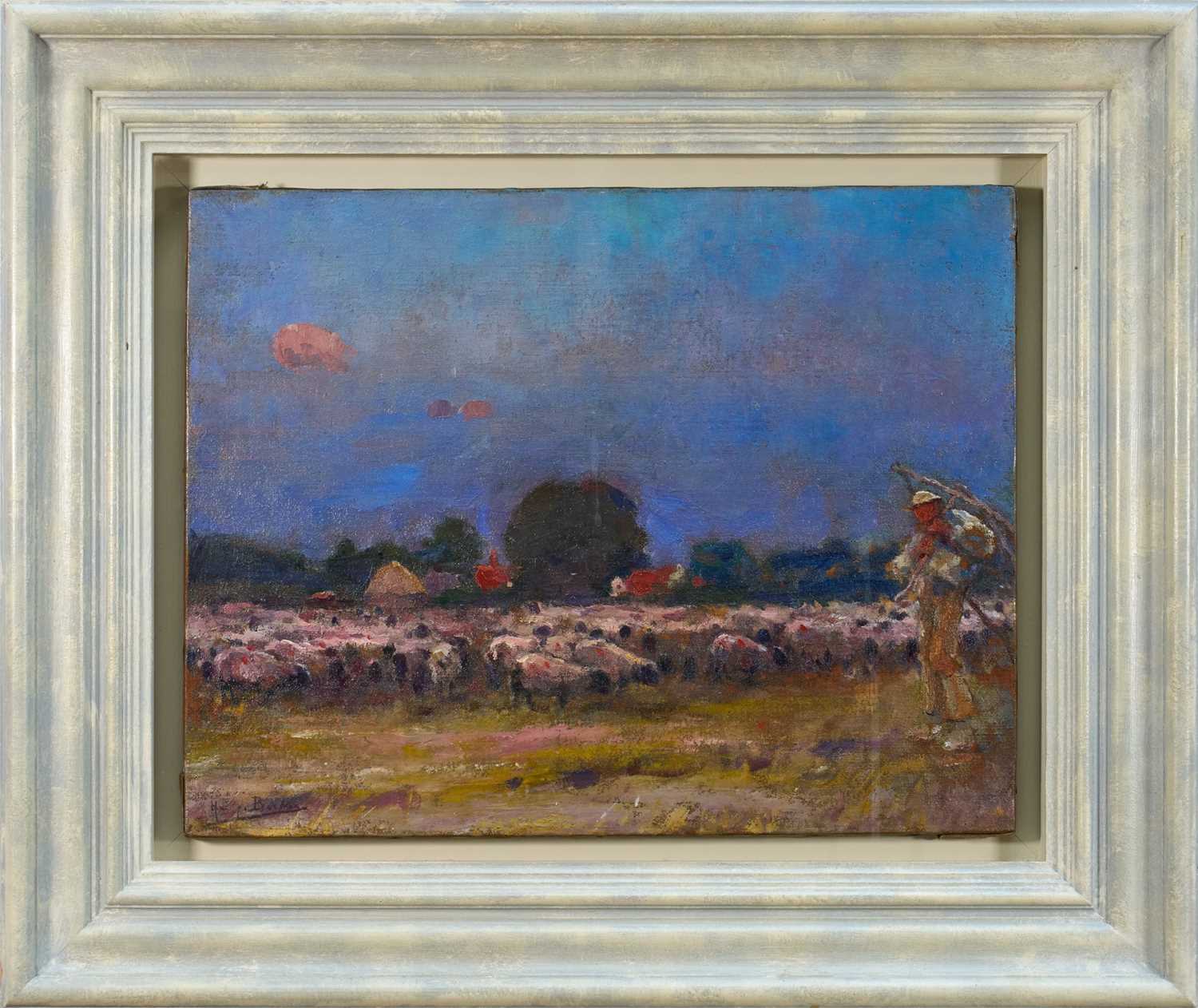 Lot 1116 - Harry Becker (1865-1928) oil on canvas - A Shepherd and his Flock, signed, 37cm x 47cm, in glazed painted frame