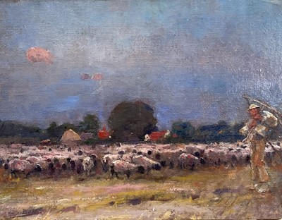 Lot 1116 - Harry Becker (1865-1928) oil on canvas - A Shepherd and his Flock, signed, 37cm x 47cm, in glazed painted frame