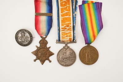 Lot 59 - First World War trio comprising 1914 'Mons' Star with 5th Aug. - 22nd. Nov. 1914 clasp named to CH. 14968 PTE. G. E. Edgecock. R. M. Brigade., War and Victory medals
