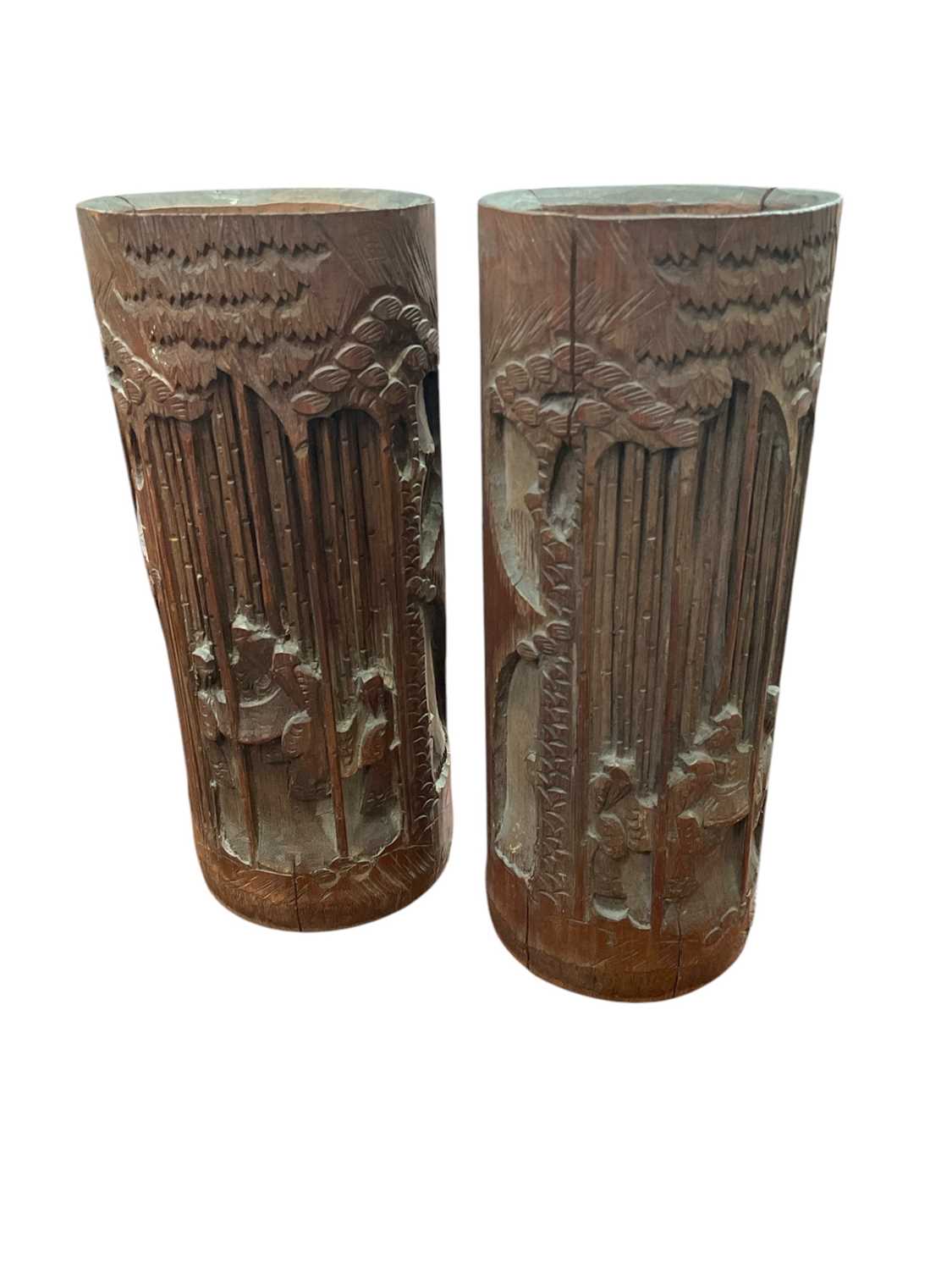 Lot 158 - Pair of Chinese raved bamboo brush pots