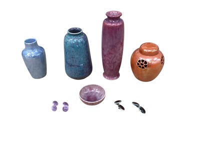 Lot 944 - Group of Ruskin pottery to include three vases, ginger jar, miniature bowl and two pairs of Ruskin cufflinks