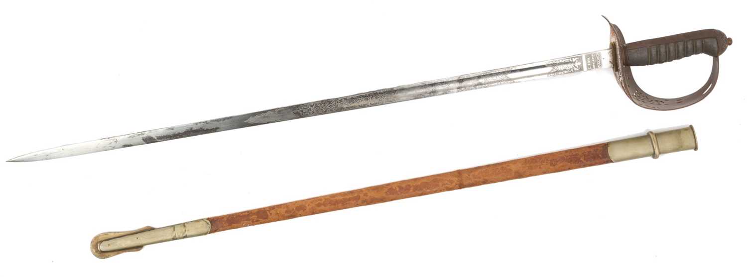 Lot 142 - Victorian 1897 Pattern infantry Officer's sword with etched blade in nickel plated mounted leather scabbard