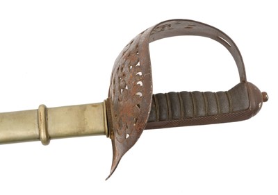 Lot 142 - Victorian 1897 Pattern infantry Officer's sword with etched blade in nickel plated mounted leather scabbard