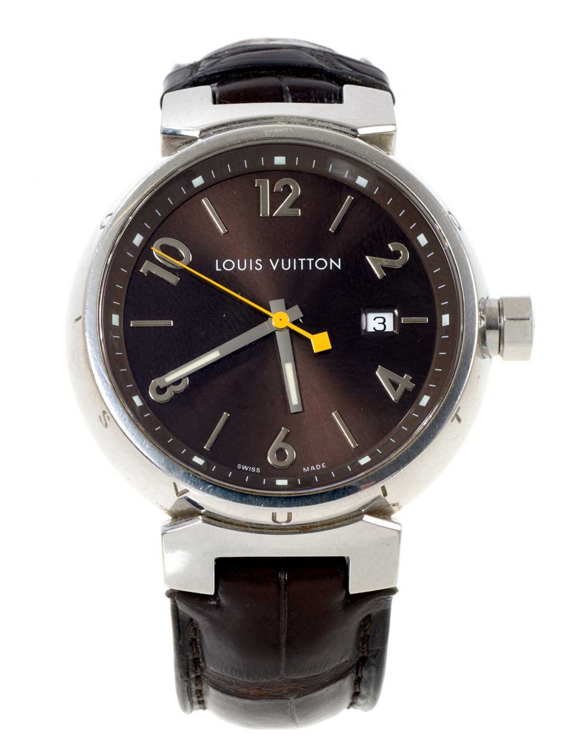 Lot 687 - Louis Vuitton Tamour wristwatch on brown crocodile effect leather strap
