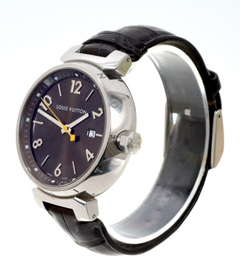 Lot 687 - Louis Vuitton Tamour wristwatch on brown crocodile effect leather strap