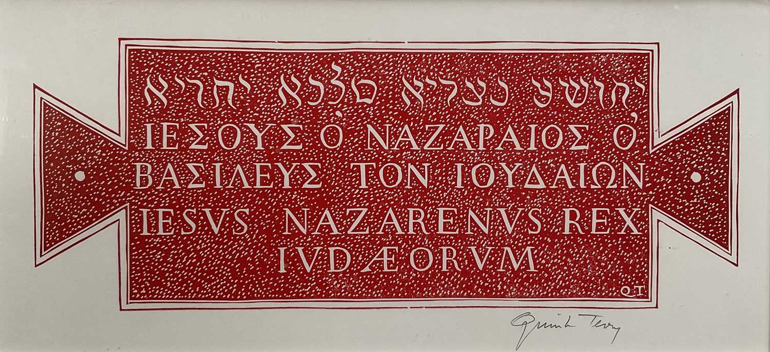 Lot 1092 - Quinlan Terry (b.1937) signed linocut - 'Jesus of Nazareth...', 12.5cm x 26cm, in glazed frame