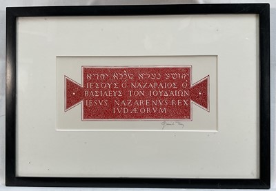 Lot 1092 - Quinlan Terry (b.1937) signed linocut - 'Jesus of Nazareth...', 12.5cm x 26cm, in glazed frame