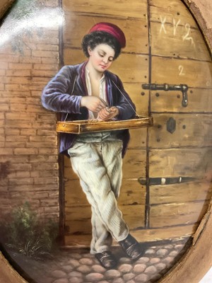 Lot 12 - 19th century continental hand painted porcelain plaque 'Italian boy, my first days business'