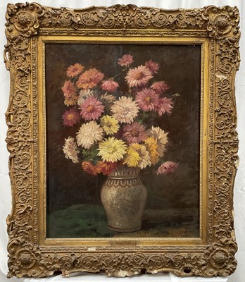 Lot 1285 - Manner of Victoria Fantin-Latour (1840-1926) oil on panel - Still life Chrysanthemums, 55cm x 45cm, in gilt frame