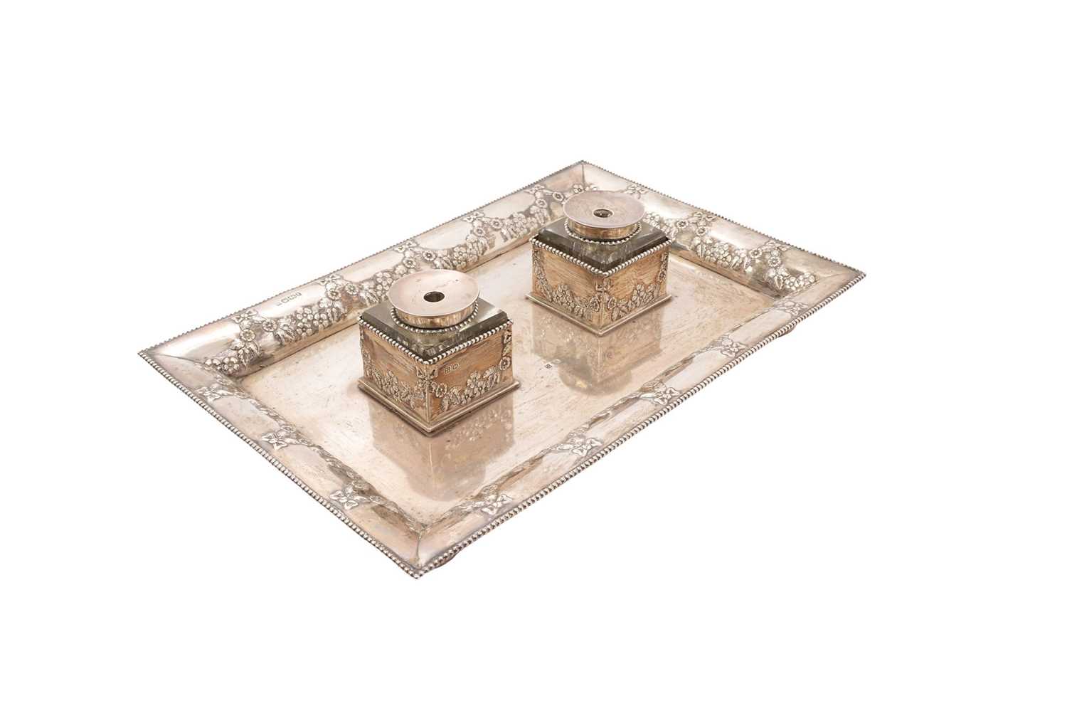 Lot 296 - Late Victorian silver inkwell desk stand