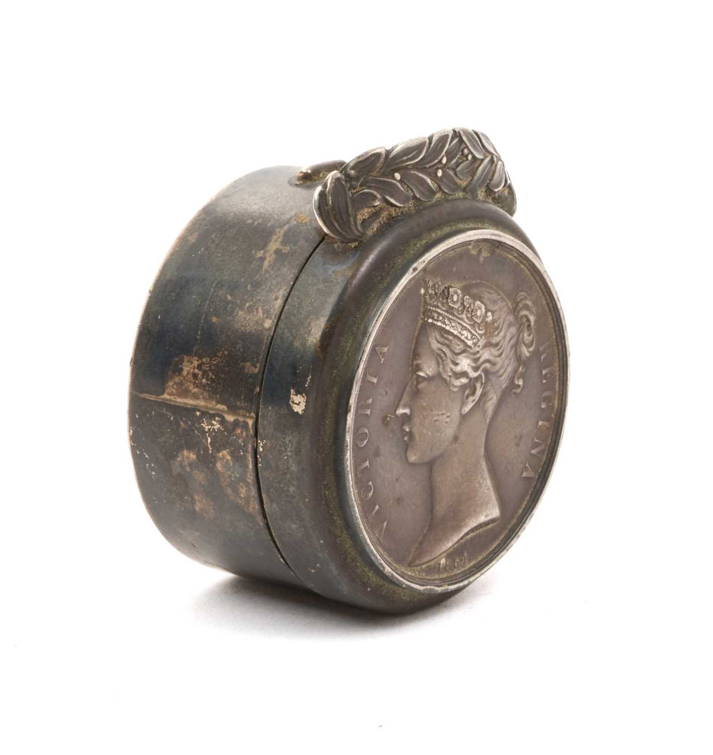 Lot 118 - Unusual late Victorian silver box, the hinged top set with a Crimea medal, the underside engraved "For my dearest friend T.W.C. From Hal. 1901 Love is of God, (Birmingham 1900)