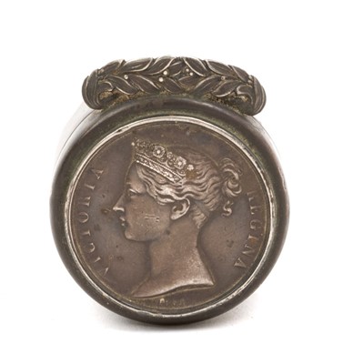 Lot 118 - Unusual late Victorian silver box, the hinged top set with a Crimea medal, the underside engraved "For my dearest friend T.W.C. From Hal. 1901 Love is of God, (Birmingham 1900)