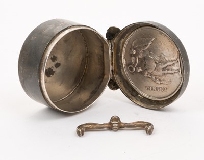 Lot 118 - Unusual late Victorian silver box, the hinged top set with a Crimea medal, the underside engraved "For my dearest friend T.W.C. From Hal. 1901 Love is of God, (Birmingham 1900)