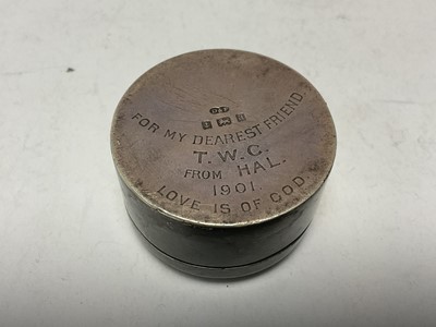 Lot 118 - Unusual late Victorian silver box, the hinged top set with a Crimea medal, the underside engraved "For my dearest friend T.W.C. From Hal. 1901 Love is of God, (Birmingham 1900)