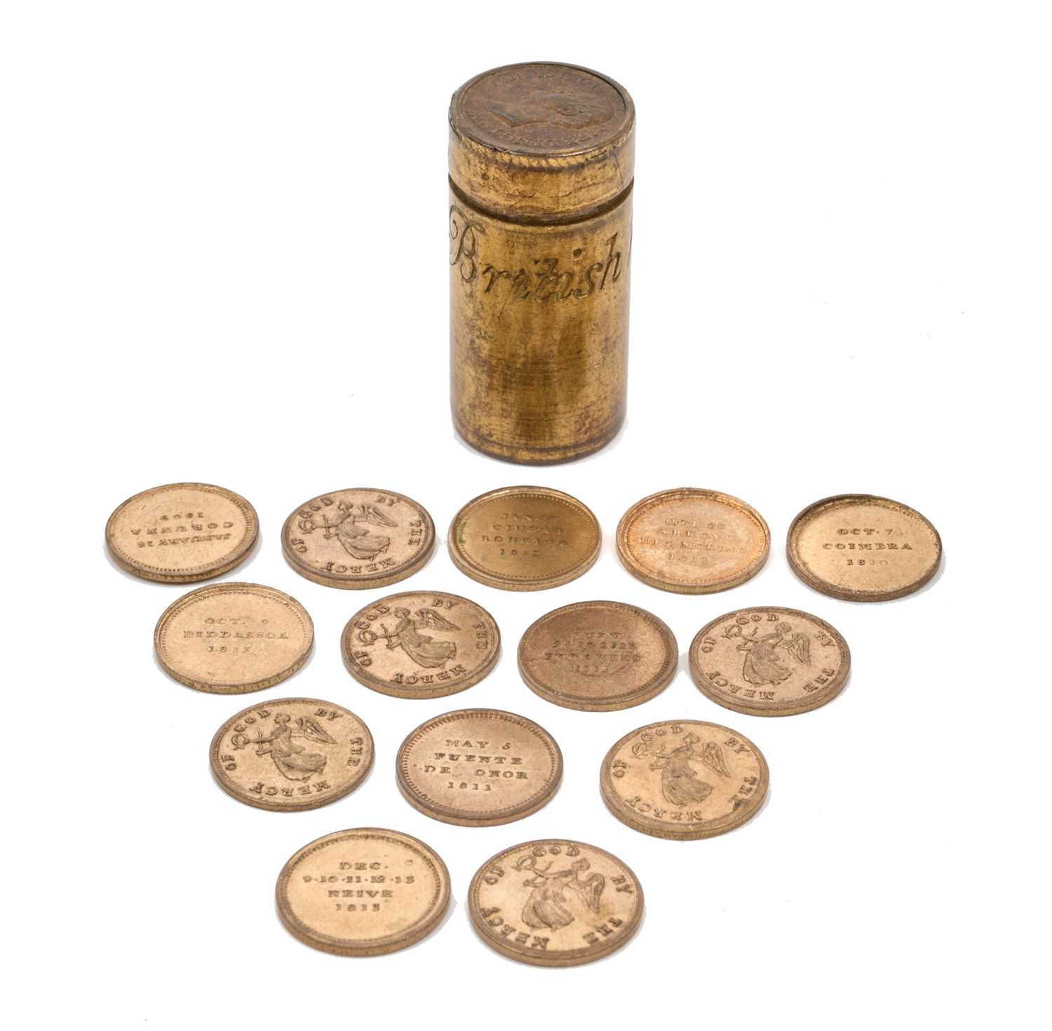 Lot 119 - Georgian brass cylindrical medal box containing 14 small medals, the obverse of each reads By The Mercy of God, the reverse with conflicts and dates