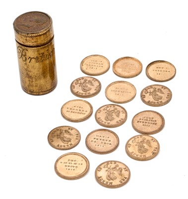 Lot 119 - Georgian brass cylindrical medal box containing 14 small medals, the obverse of each reads By The Mercy of God, the reverse with conflicts and dates